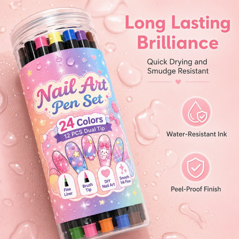 💅 50 % RABATT I BEGRENSET TID! 💥 Sett med 24 farger med neglelakkpenner med to spisser – Kreativt, i salongkvalitet, enkelt å bruke selv ✨