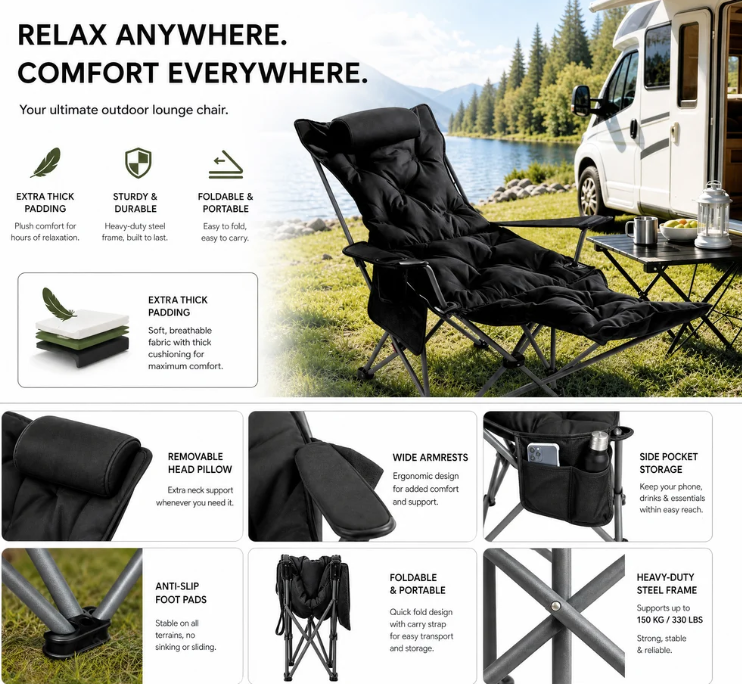 🏆 BEGRENSET TID: 50 % RABATT!🪑 Bærbar, justerbar sammenleggbar stol for utendørs bruk – Lett, solid og allsidig 🏕️✨