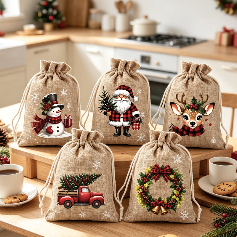 🎁 Julegaveposer med snøring – festlige nisse- og reinsdyrmotiver, dobbel snøring og slitesterkt stoff – juleglede i hver gave ✨