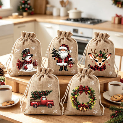 🎁 Julegaveposer med snøring – festlige nisse- og reinsdyrmotiver, dobbel snøring og slitesterkt stoff – juleglede i hver gave ✨