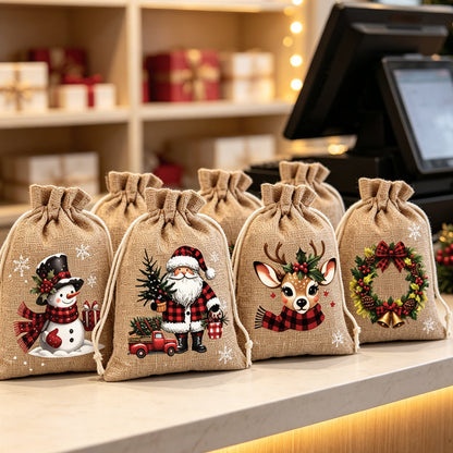 🎁 Julegaveposer med snøring – festlige nisse- og reinsdyrmotiver, dobbel snøring og slitesterkt stoff – juleglede i hver gave ✨