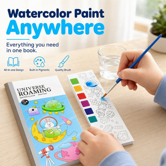🥳2026 HOT SALG🥳💞50 000+ SOLGT! 🎨🖌️ Lommeakvarellbok – innebygde farger, tilsett bare vann! Ingen søl eller store sett. 7 temaer: eventyr, dinosaurer, hav og mer. Riv ut mesterverkene og del dem! 🌟👶