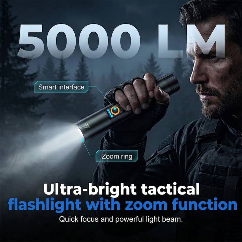 🔦 50 % RABATT I BEGRENSET TID! ✨ Ekstremt kraftig taktisk lommelykt med zoomfunksjon – robust, vanntett, oppladbar 🏕️