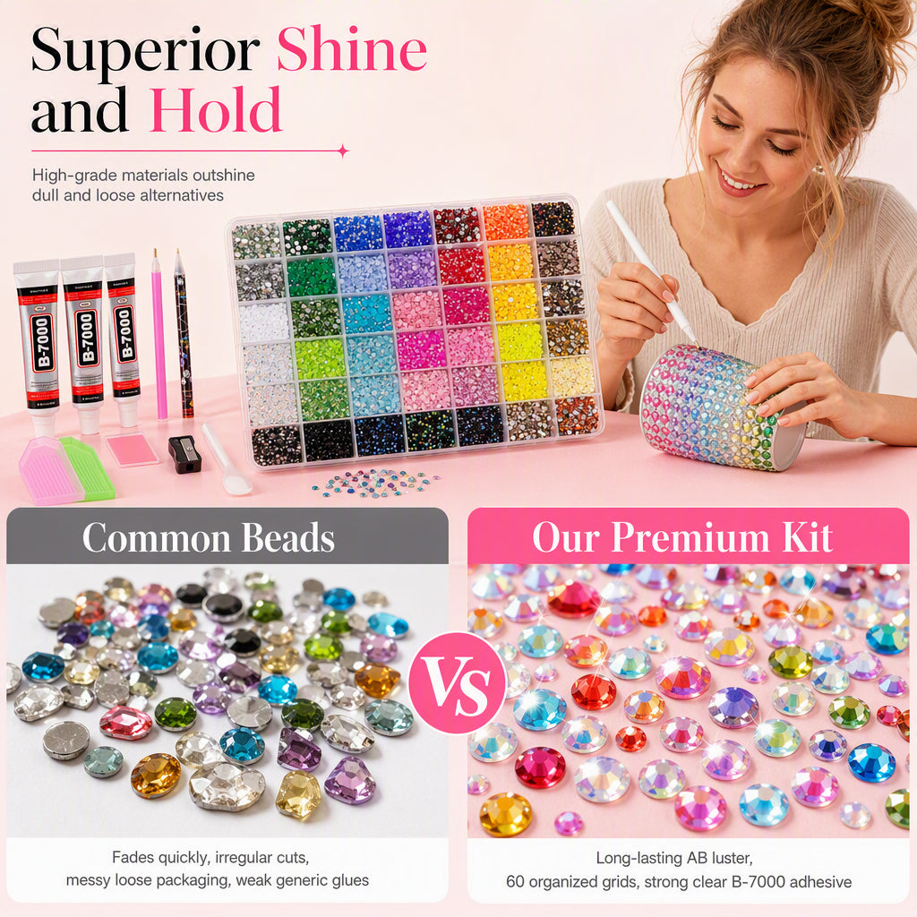 📢📢50 % RABATT! ⏰ AB-farget jelly flatback harpiks-rhinestone-sett med oppbevaringsboks, lim og verktøy for DIY neglekunst, klær og mobildeksel