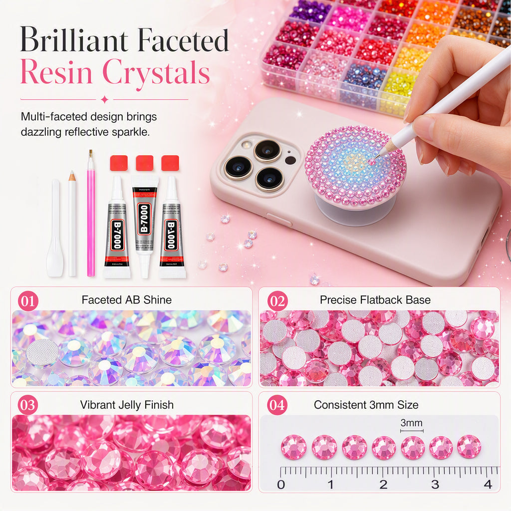 📢📢50 % RABATT! ⏰ AB-farget jelly flatback harpiks-rhinestone-sett med oppbevaringsboks, lim og verktøy for DIY neglekunst, klær og mobildeksel