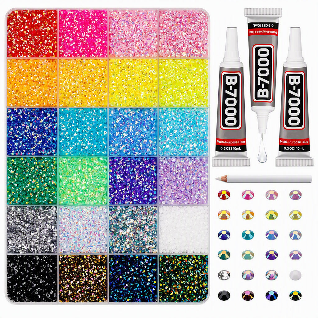 📢📢50 % RABATT! ⏰ AB-farget jelly flatback harpiks-rhinestone-sett med oppbevaringsboks, lim og verktøy for DIY neglekunst, klær og mobildeksel