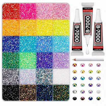 📢📢50 % RABATT! ⏰ AB-farget jelly flatback harpiks-rhinestone-sett med oppbevaringsboks, lim og verktøy for DIY neglekunst, klær og mobildeksel