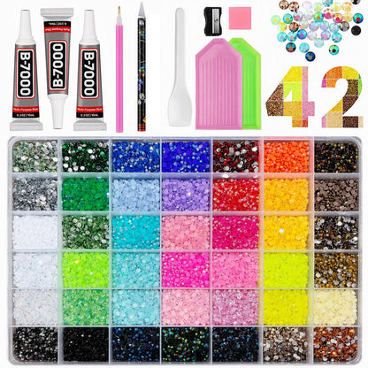 📢📢50 % RABATT! ⏰ AB-farget jelly flatback harpiks-rhinestone-sett med oppbevaringsboks, lim og verktøy for DIY neglekunst, klær og mobildeksel
