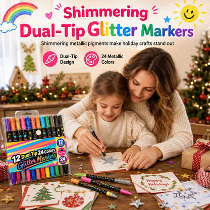 24 glittertusjer med dobbel spiss – metalliske farger