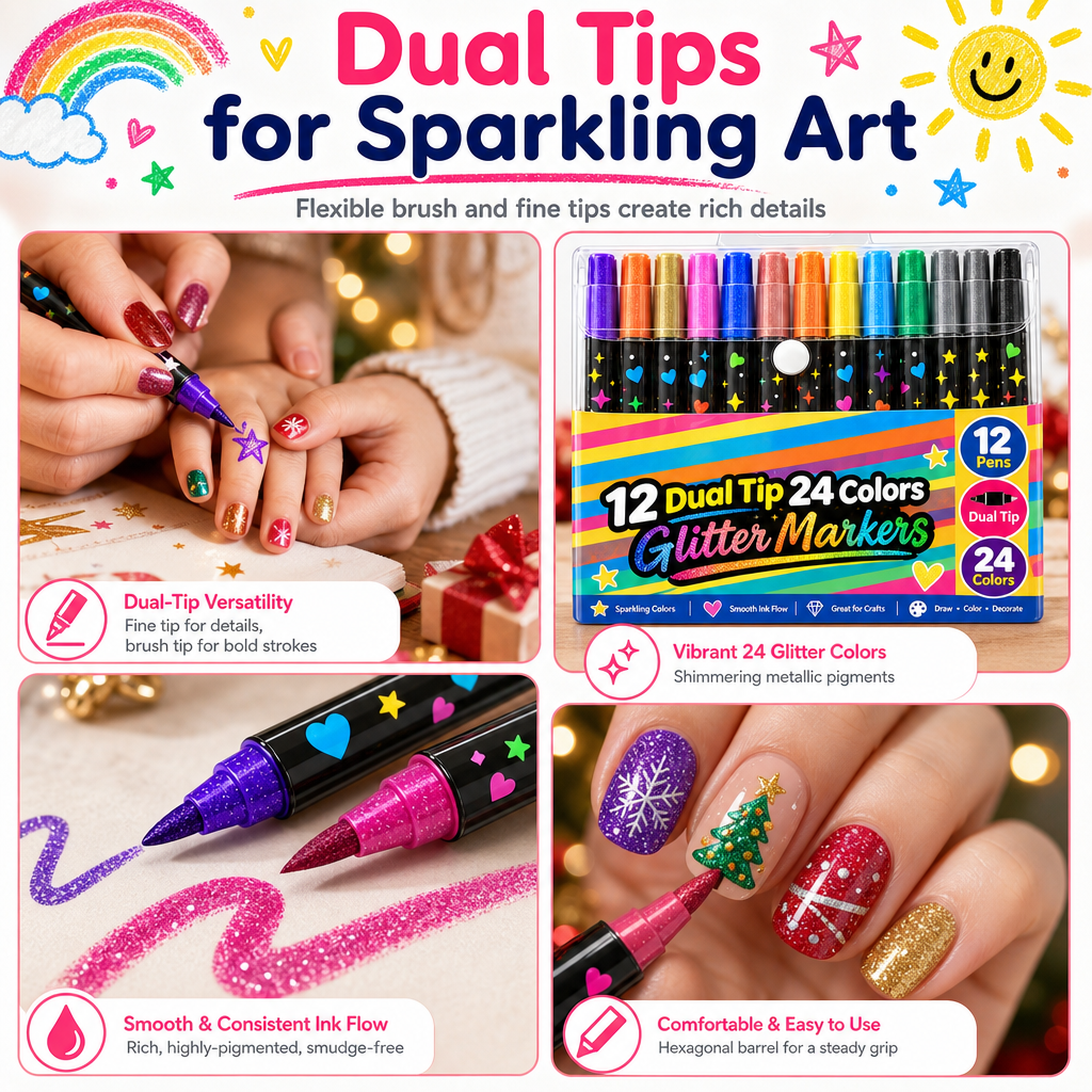 24 glittertusjer med dobbel spiss – metalliske farger