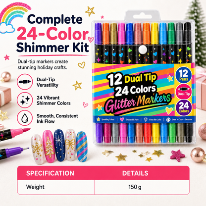 24 glittertusjer med dobbel spiss – metalliske farger