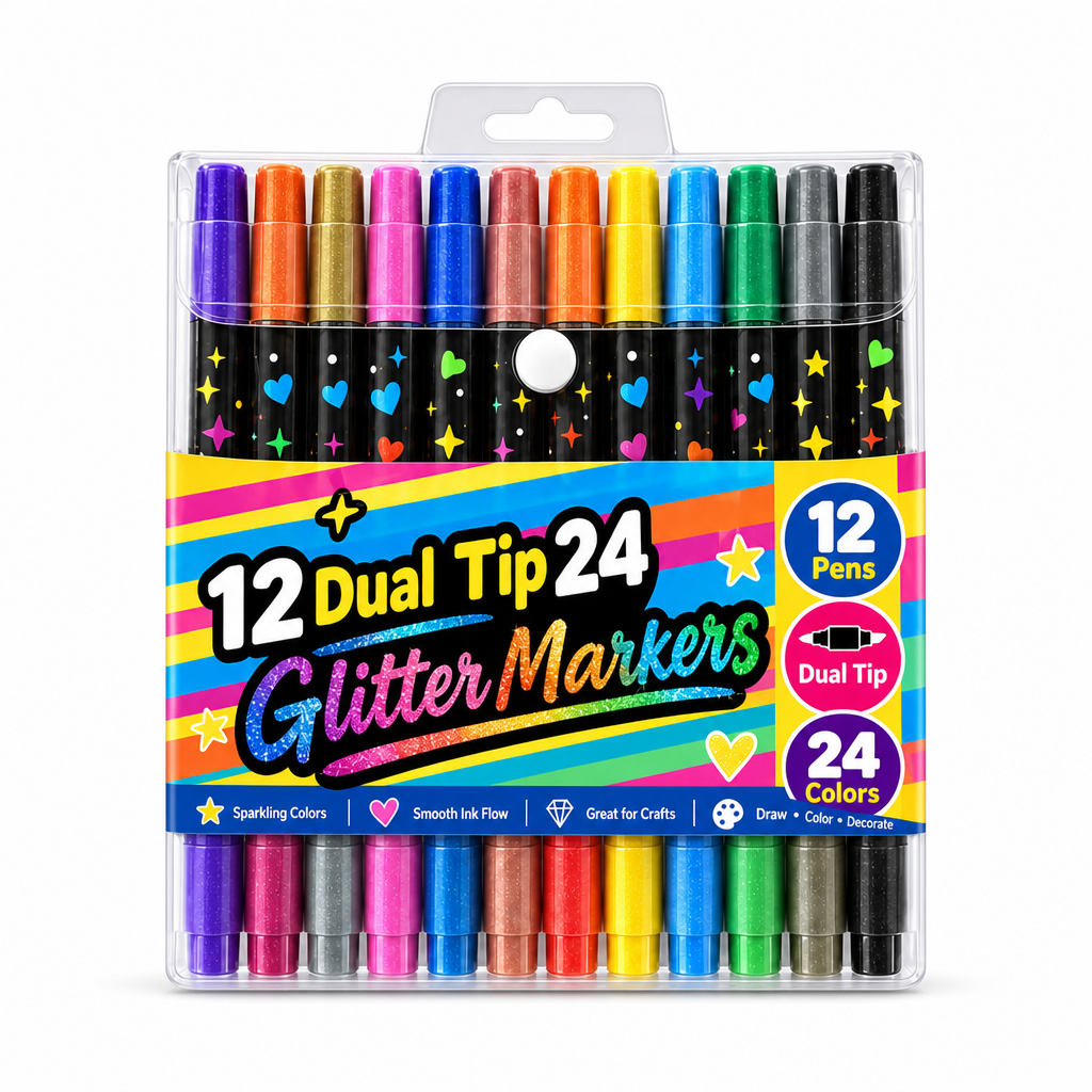 24 glittertusjer med dobbel spiss – metalliske farger