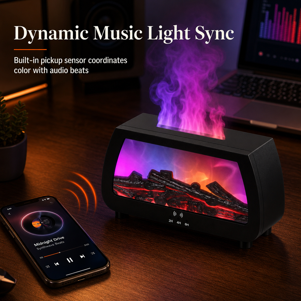🔥 50 % rabatt nå! 💨 Luftfukter med peisflamme-effekt – aromadiffuser, lys som synkroniseres med musikk og stillegående drift – for soverom, kontor og yoga 🌙