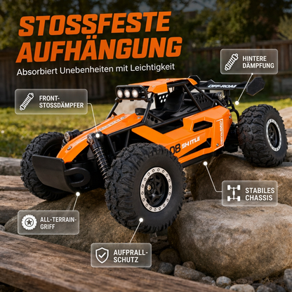 🏎️ Rask 4WD offroad RC-bil – store dekk, støtdemping, LED-lys. Perfekt for tøft terreng og nattkjøring! ✨🌙