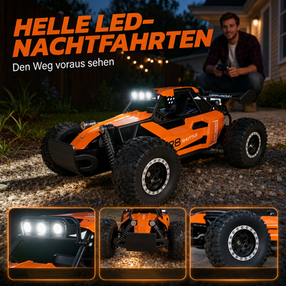 🏎️ Rask 4WD offroad RC-bil – store dekk, støtdemping, LED-lys. Perfekt for tøft terreng og nattkjøring! ✨🌙