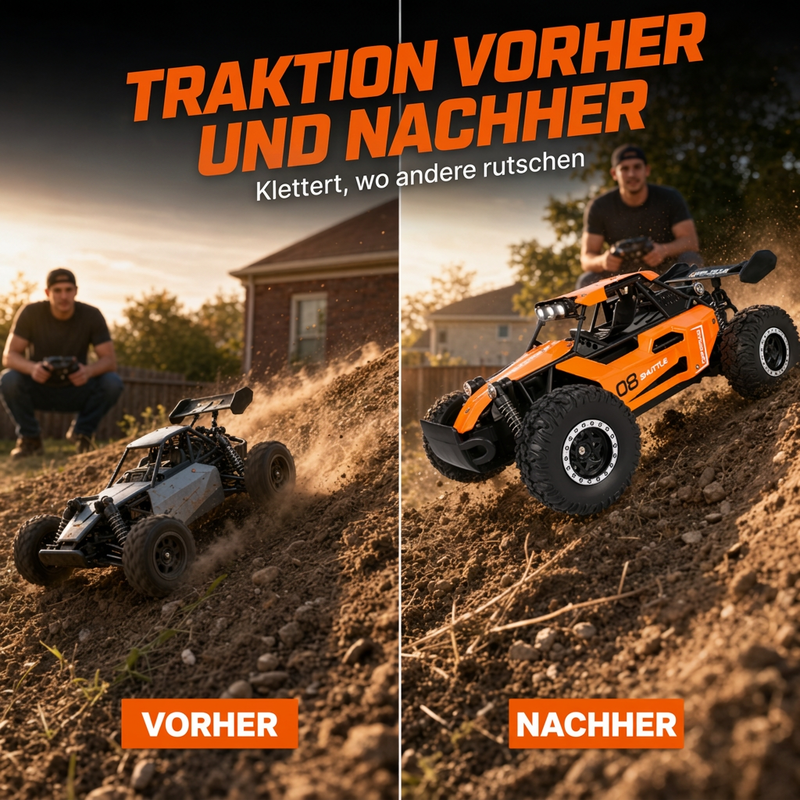 🏎️ Rask 4WD offroad RC-bil – store dekk, støtdemping, LED-lys. Perfekt for tøft terreng og nattkjøring! ✨🌙