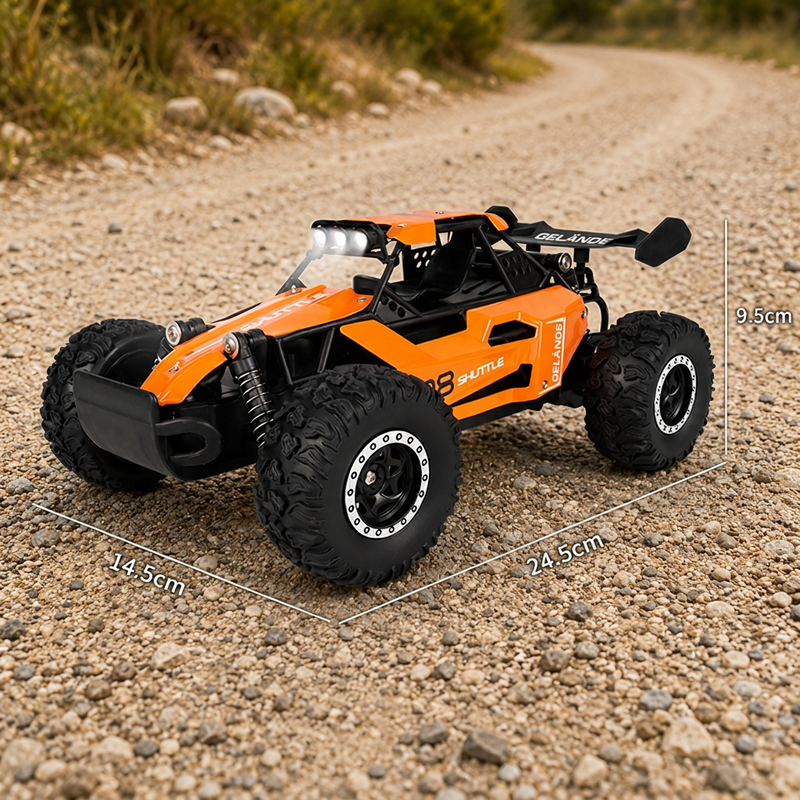 🏎️ Rask 4WD offroad RC-bil – store dekk, støtdemping, LED-lys. Perfekt for tøft terreng og nattkjøring! ✨🌙