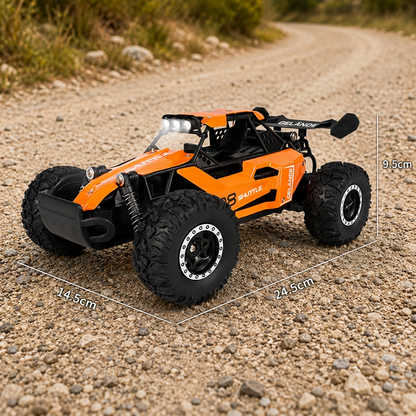 🏎️ Rask 4WD offroad RC-bil – store dekk, støtdemping, LED-lys. Perfekt for tøft terreng og nattkjøring! ✨🌙