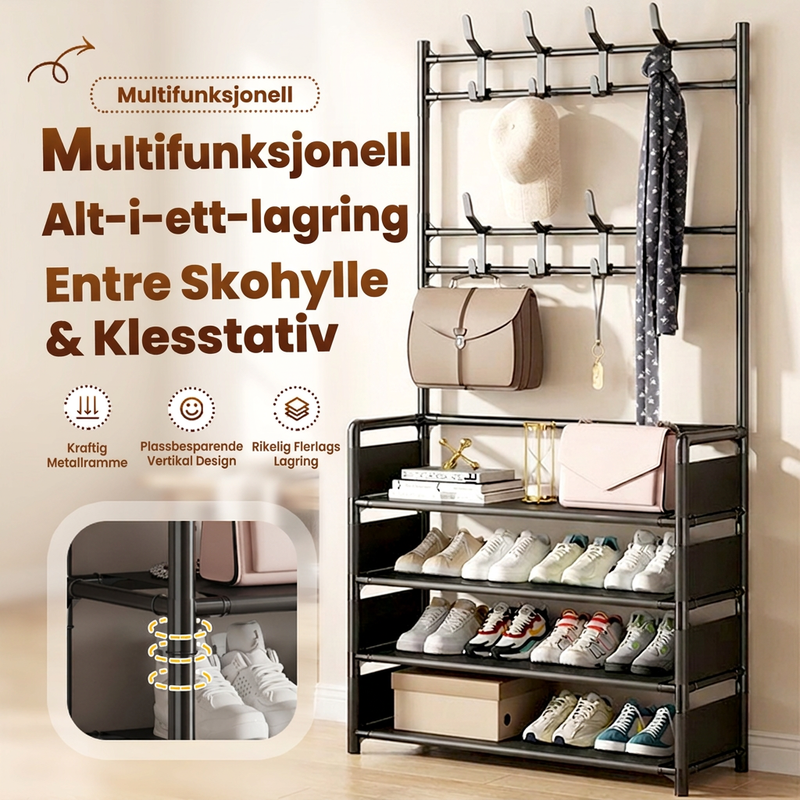 Multifunksjonell sko- og klesstativ for inngangsparti