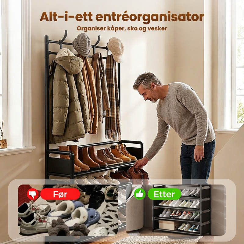 Multifunksjonell sko- og klesstativ for inngangsparti