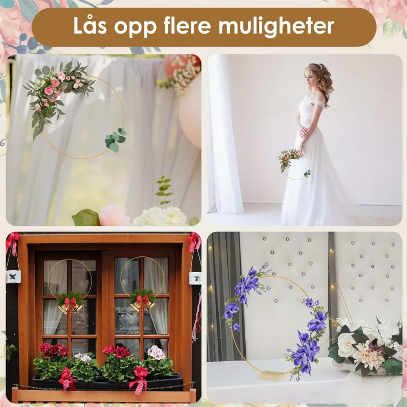 Blomsterdekorasjon i form av gullmetallring med trestativ