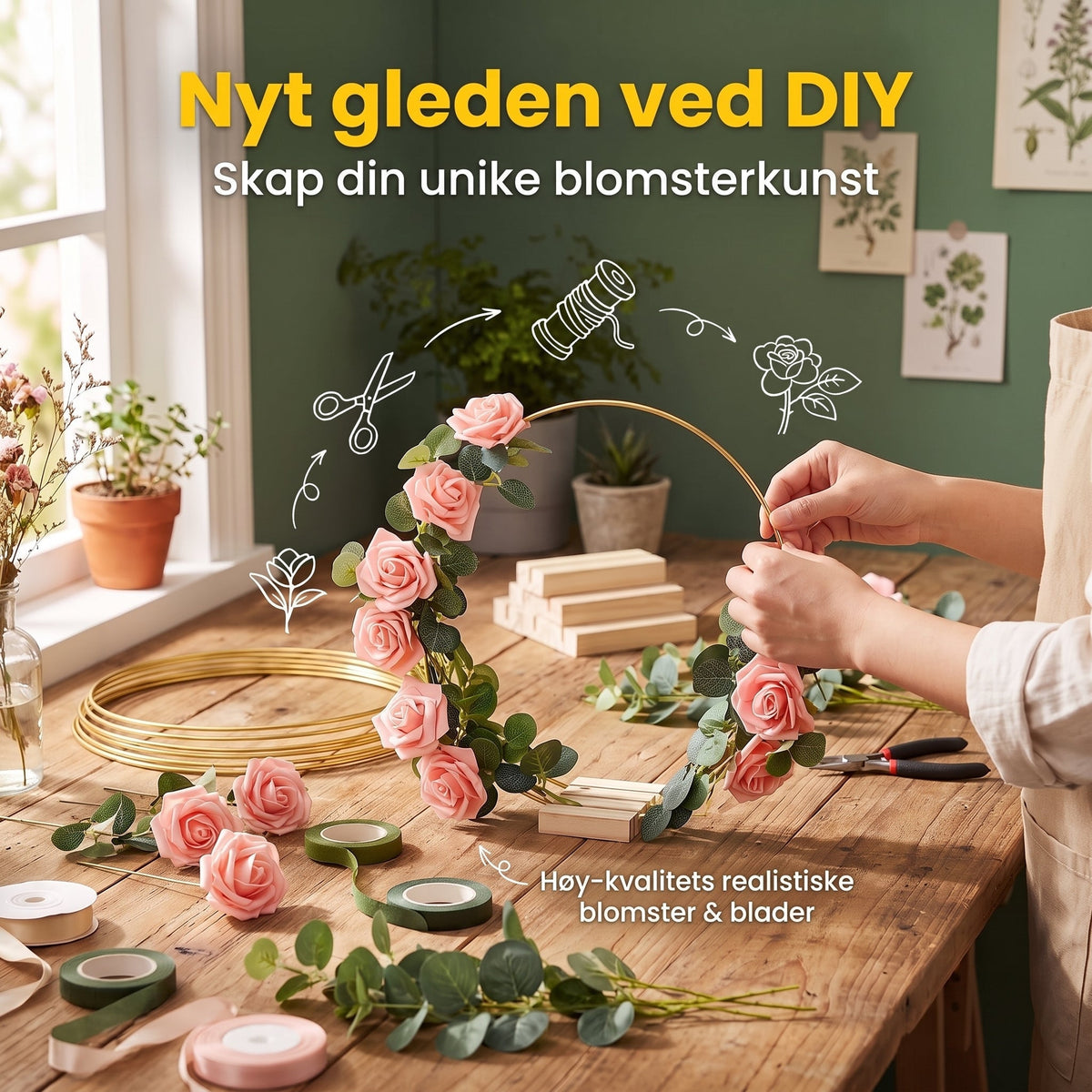 Blomsterdekorasjon i form av gullmetallring med trestativ