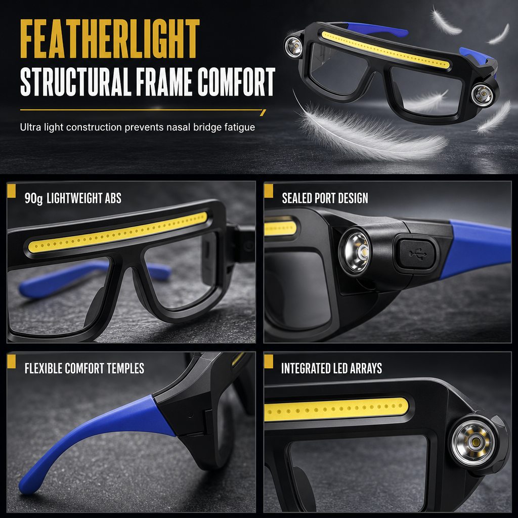 👓 Brillelampe med dobbel stråle – hendene fri, 5 lysmoduser, USB-oppladbar. Perfekt til turgåing og lesing! ✨🔦