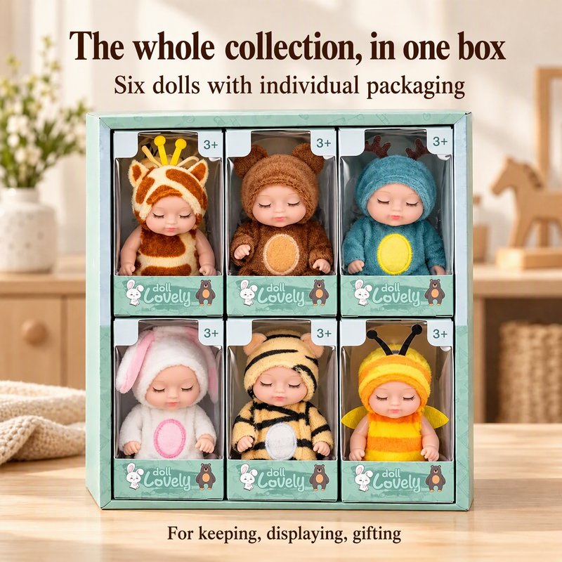👶 Gavesett med Reborn-babydukker kledd i dyrekostymer! Søte ansikter på sovende babyer · Sett med 6 dukker i gaveeske