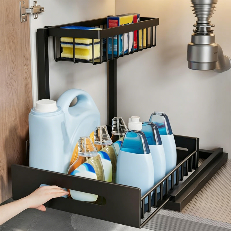 🏡✨ Bli kvitt rotete skap! Smart oppbevaringshylle i to etasjer med uttrekkbar skuff – spar plass og få enkel tilgang til alt under vasken, på kjøkkenet og badet! 📦