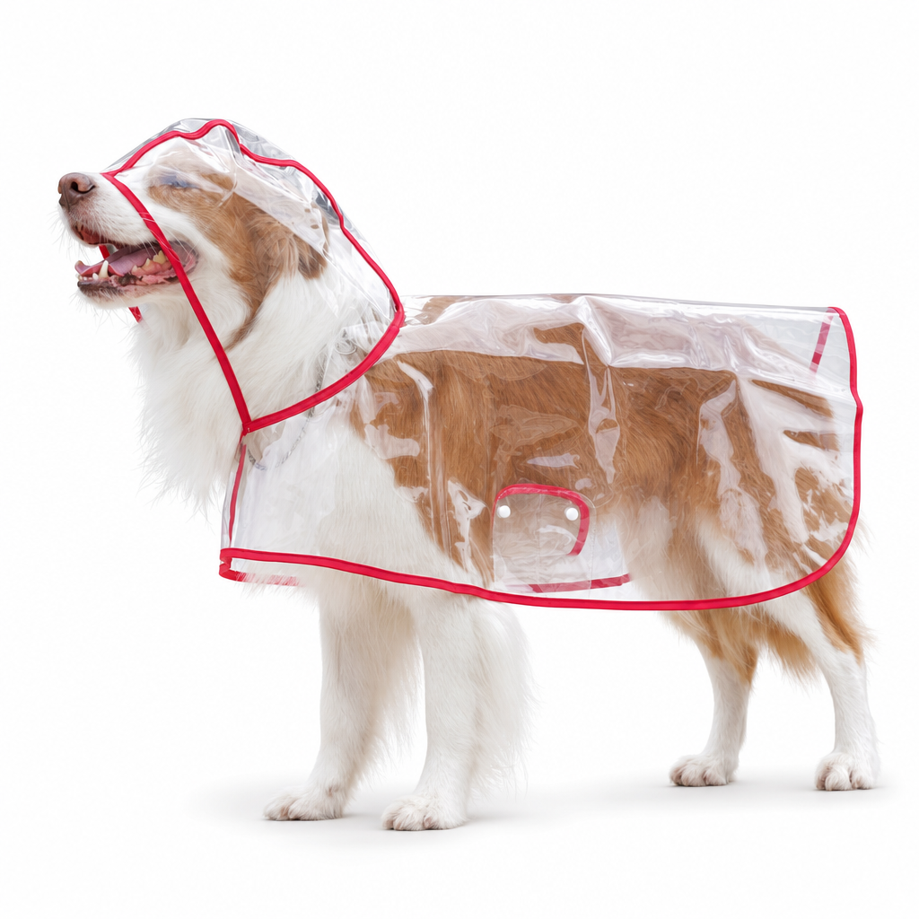 📢 Nyheter – 50 % RABATT 🐕 Gjennomsiktig vanntett regnjakke for hund – hold hunden tørr og synlig på regnværsturer 🌧️