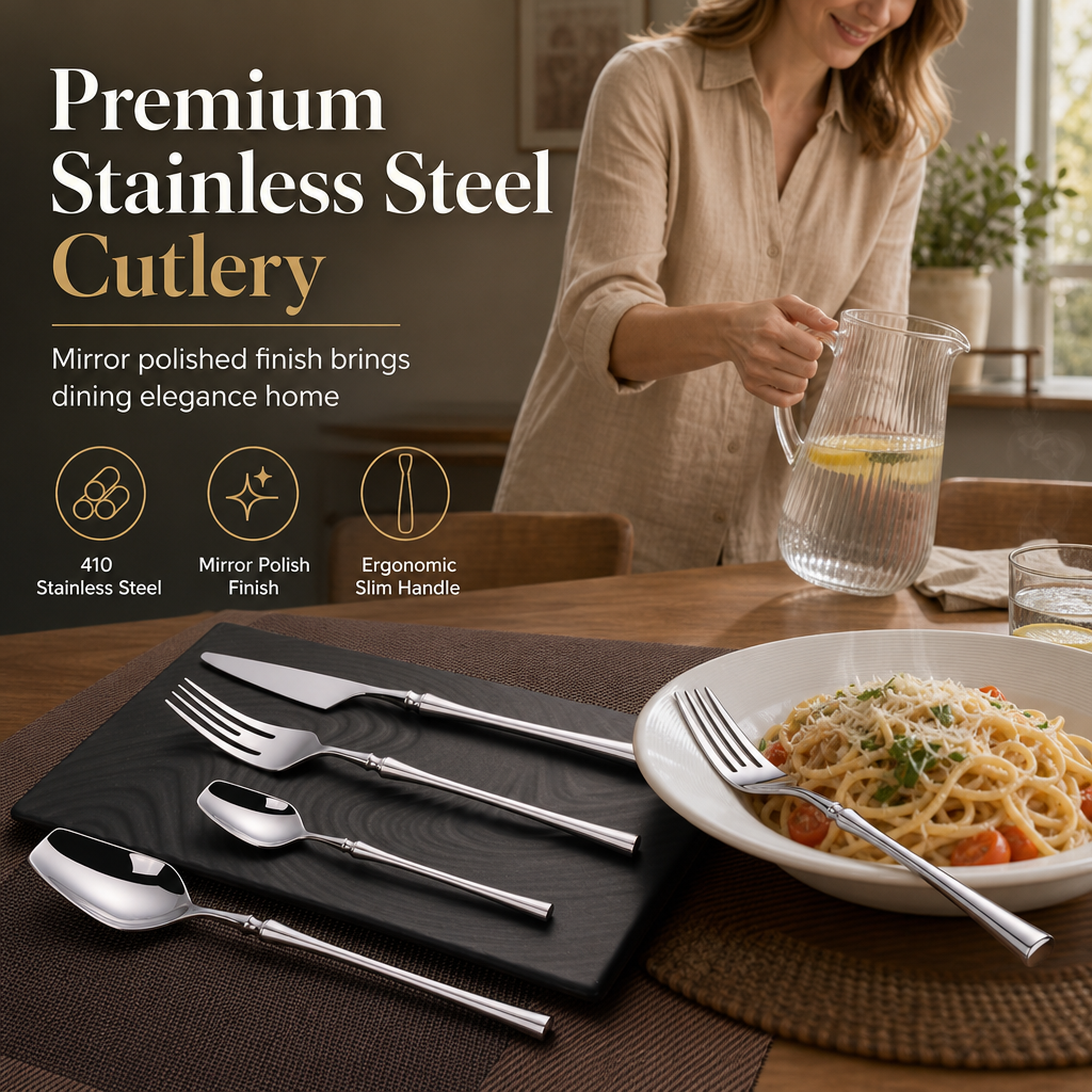 🍴 Bestikksett i rustfritt stål: 304 stål, 5 utførelser, 4/24 deler, slank profil