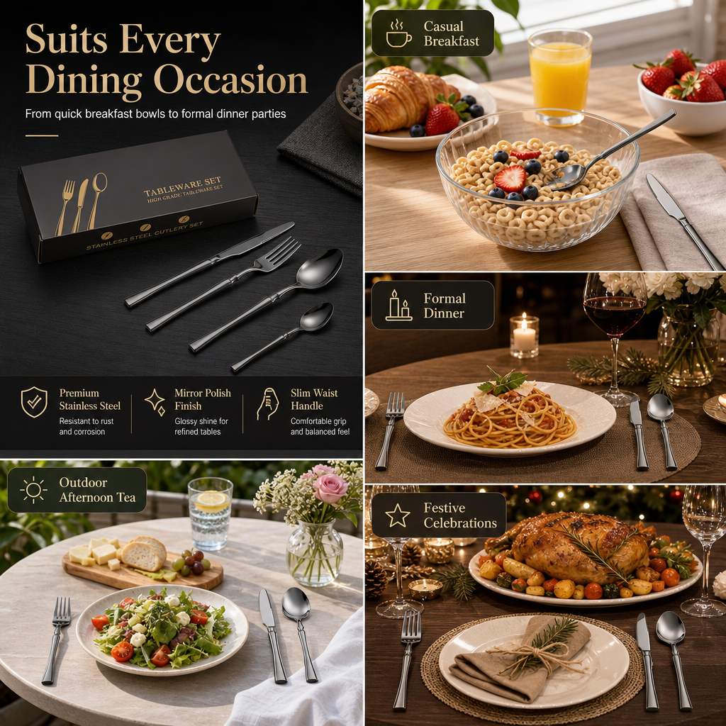 🍴 Bestikksett i rustfritt stål: 304 stål, 5 utførelser, 4/24 deler, slank profil