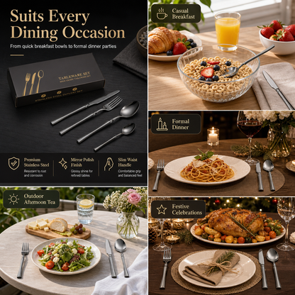 🍴 Bestikksett i rustfritt stål: 304 stål, 5 utførelser, 4/24 deler, slank profil