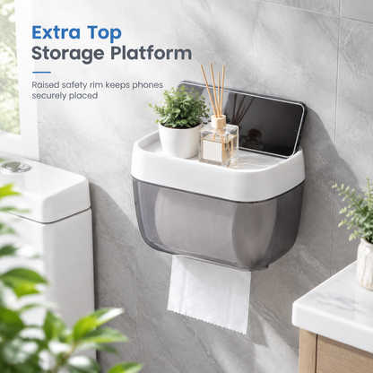 Veggmontert toalettpapirholder og papirdispenser med oppbevaringshylle for badet uten hull