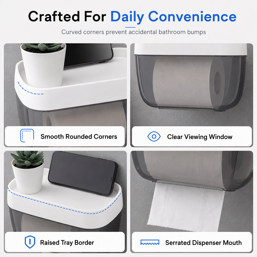 Veggmontert toalettpapirholder og papirdispenser med oppbevaringshylle for badet uten hull