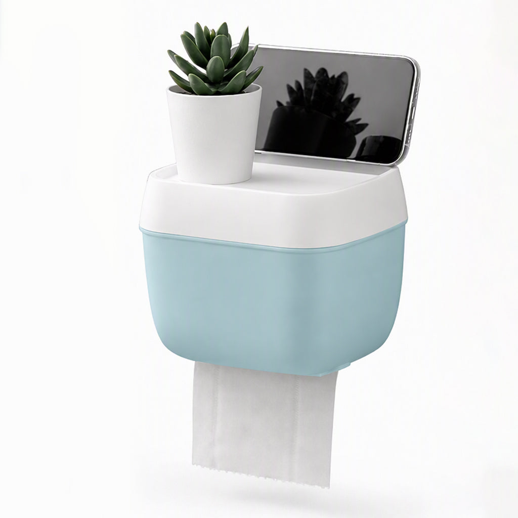 Veggmontert toalettpapirholder og papirdispenser med oppbevaringshylle for badet uten hull