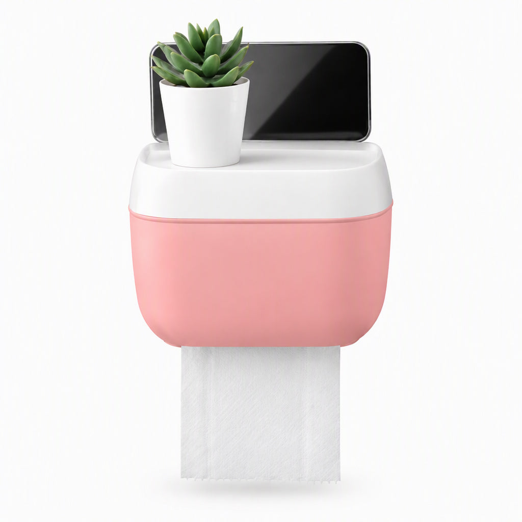 Veggmontert toalettpapirholder og papirdispenser med oppbevaringshylle for badet uten hull