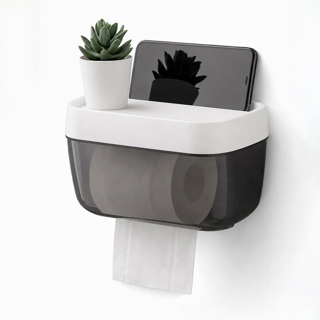 Veggmontert toalettpapirholder og papirdispenser med oppbevaringshylle for badet uten hull