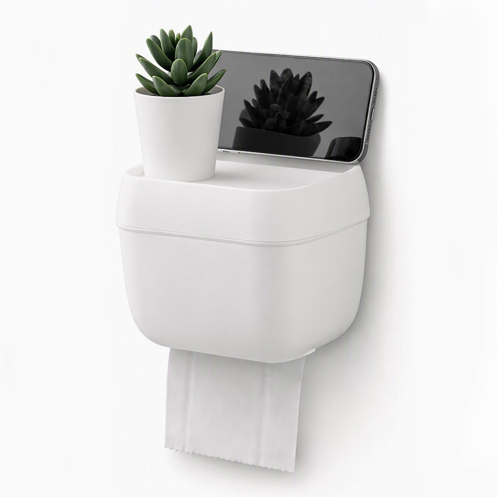 Veggmontert toalettpapirholder og papirdispenser med oppbevaringshylle for badet uten hull