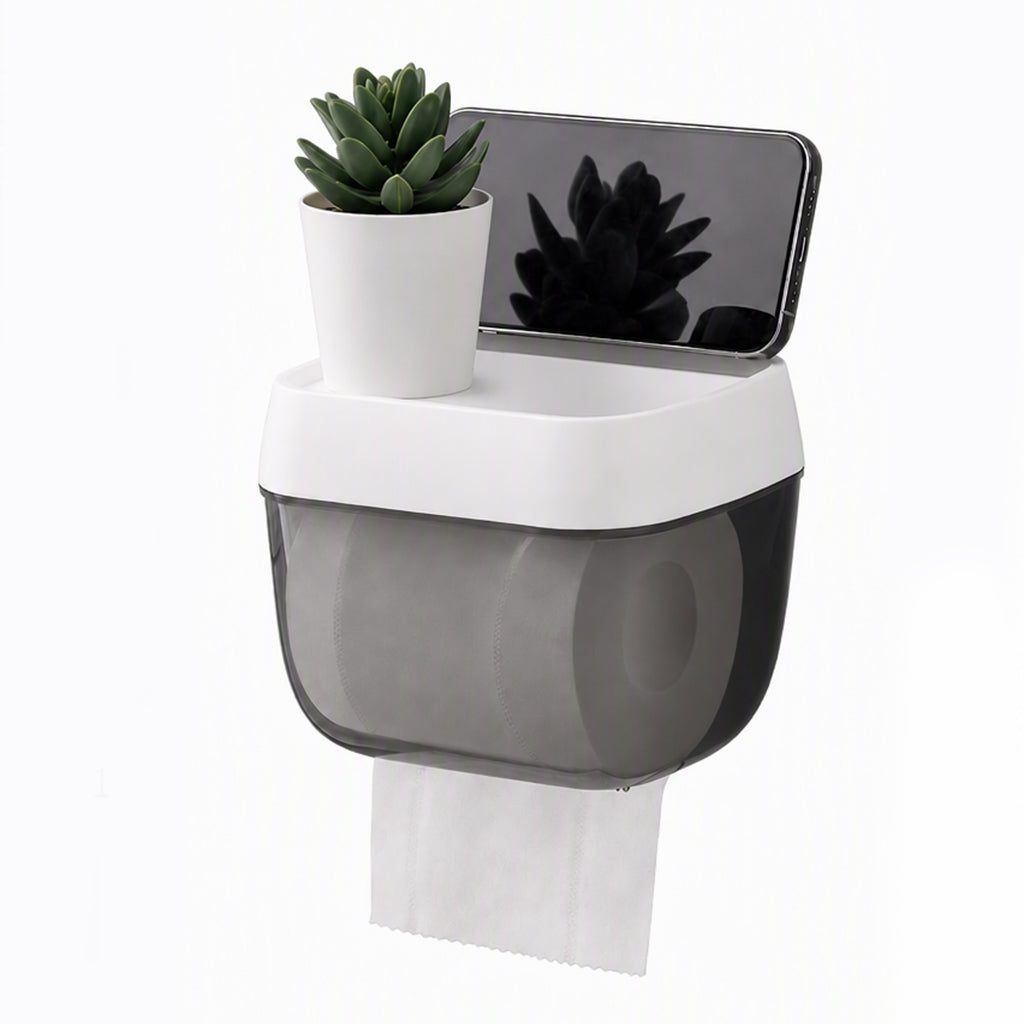 Veggmontert toalettpapirholder og papirdispenser med oppbevaringshylle for badet uten hull