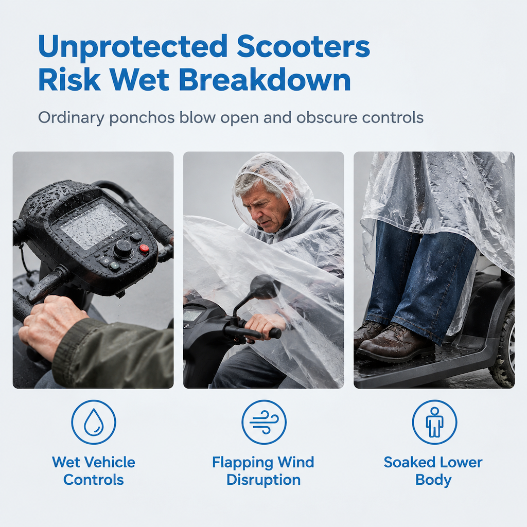 🌧️ SALG! Tykkere vanntett poncho for mobilitetsscootere – holder fører og kjøretøy tørre i regnvær