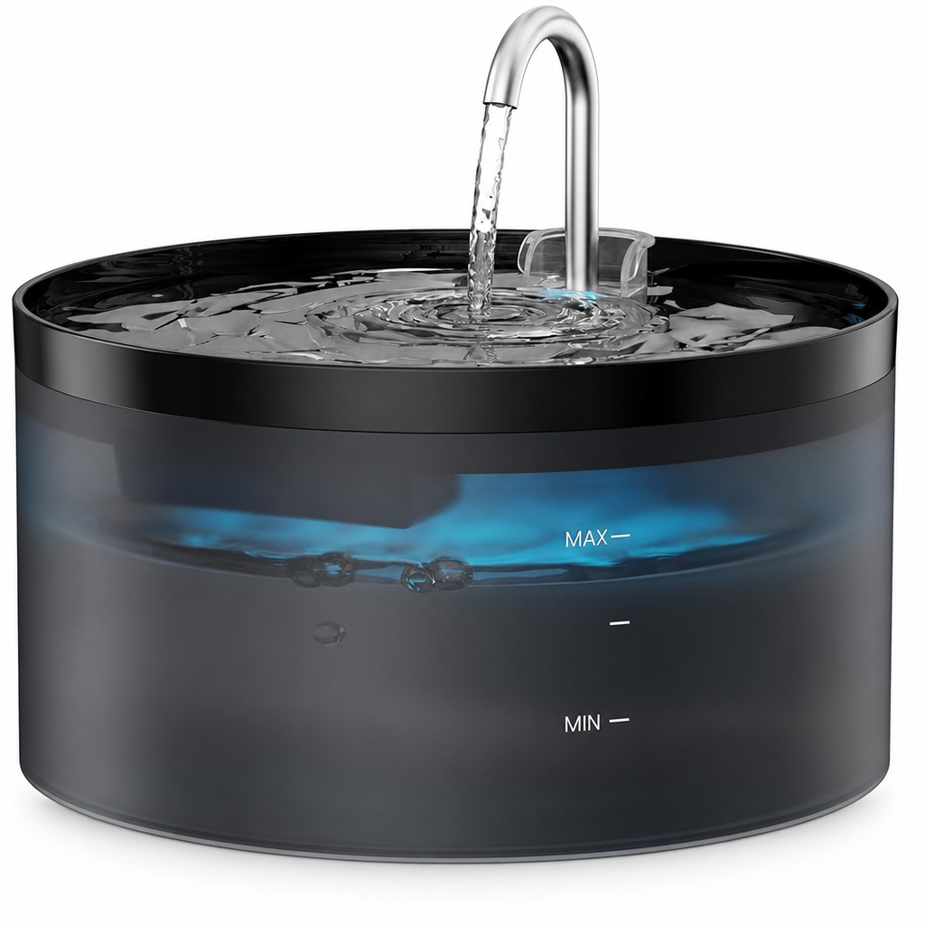 3,2-liters automatisk vannbeholder, utstyrt med et svært stillegående vannutløp i kobber, et mykt blått LED-nattlys, et 6-trinns filtreringssystem, luktfjernende aktivt kull og et filter som fjerner hår og uønsket lukt