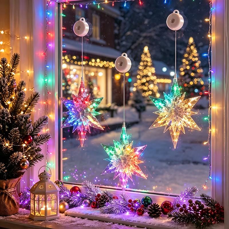 🎄❄️ Gjør-det-selv-julesnøfnugg med sugekopper og LED-lys ✨ | Batteridrevet, varmt lys i flere farger, vinduslys med sugekopper, julepynt til hjemmet og festen