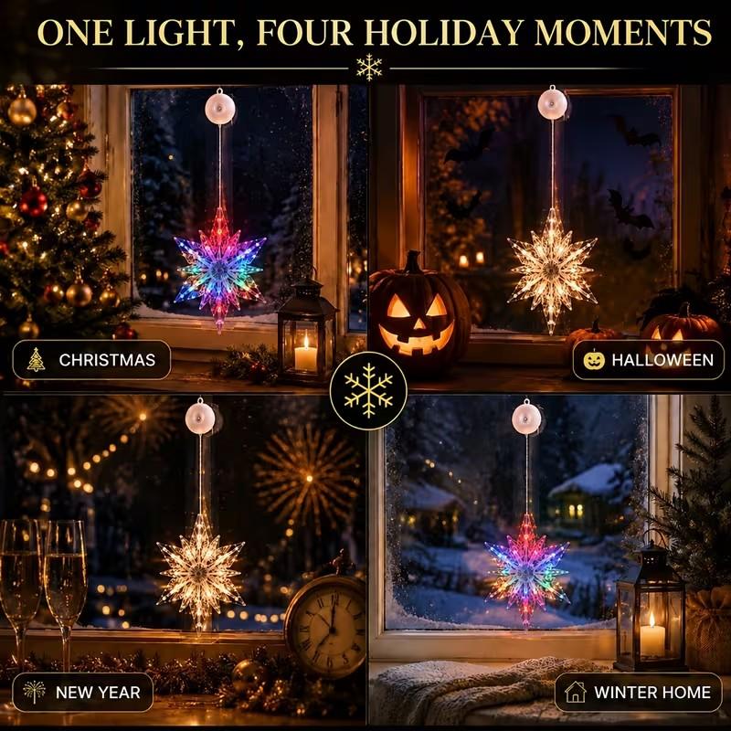 🎄❄️ Gjør-det-selv-julesnøfnugg med sugekopper og LED-lys ✨ | Batteridrevet, varmt lys i flere farger, vinduslys med sugekopper, julepynt til hjemmet og festen