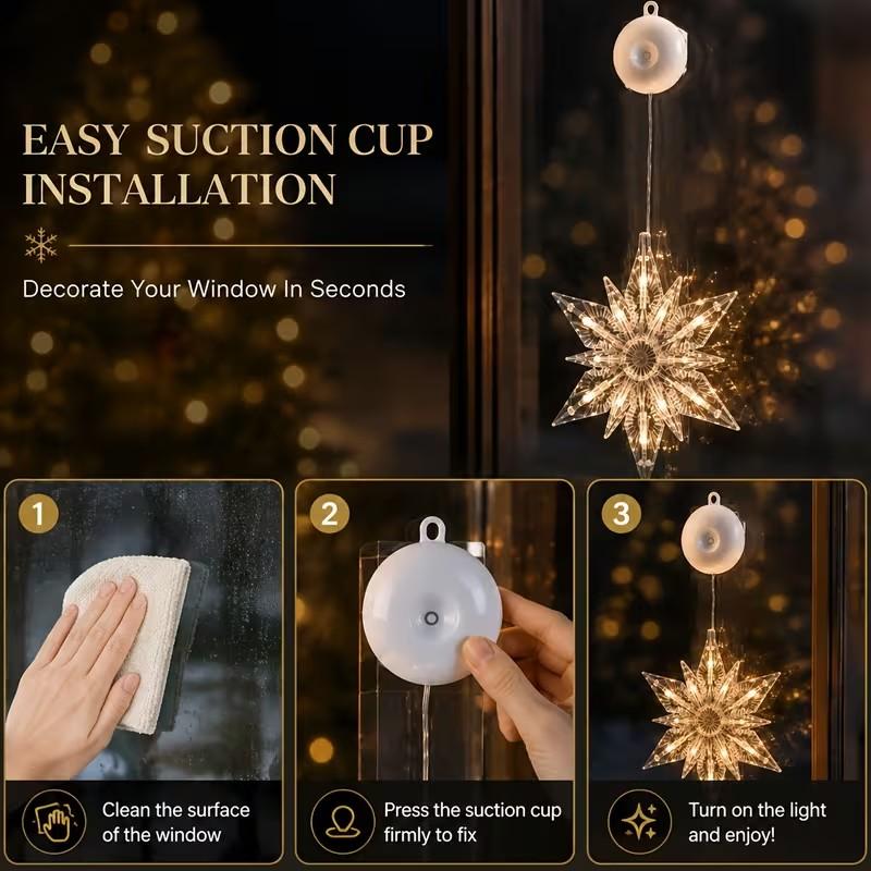 🎄❄️ Gjør-det-selv-julesnøfnugg med sugekopper og LED-lys ✨ | Batteridrevet, varmt lys i flere farger, vinduslys med sugekopper, julepynt til hjemmet og festen