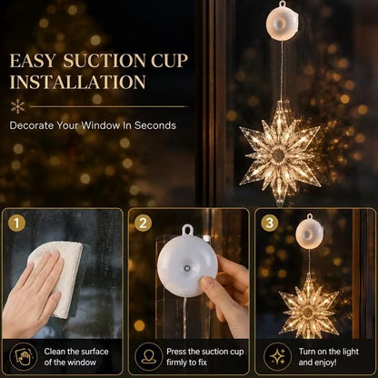 🎄❄️ Gjør-det-selv-julesnøfnugg med sugekopper og LED-lys ✨ | Batteridrevet, varmt lys i flere farger, vinduslys med sugekopper, julepynt til hjemmet og festen