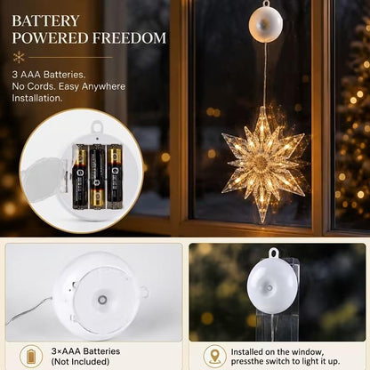 🎄❄️ Gjør-det-selv-julesnøfnugg med sugekopper og LED-lys ✨ | Batteridrevet, varmt lys i flere farger, vinduslys med sugekopper, julepynt til hjemmet og festen