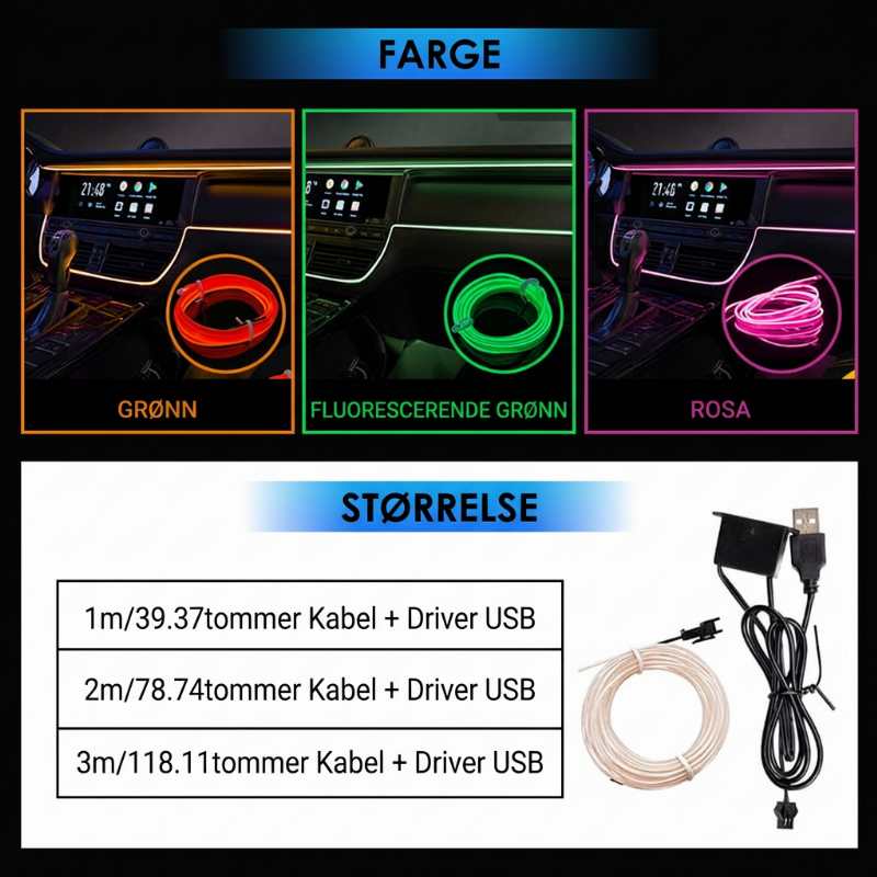 🚗 50 % RABATT 🌈 Fleksible bil-ambientelys, kan kuttes 1–3 m, 9 farger ✨
