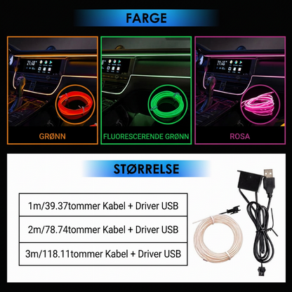 🚗 50 % RABATT 🌈 Fleksible bil-ambientelys, kan kuttes 1–3 m, 9 farger ✨