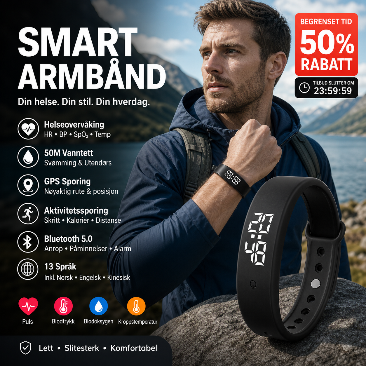 ⌚ SmartSense aktivitetsarmbånd – måler puls, blodtrykk, oksygen og temperatur. GPS, vanntett 50m, Bluetooth 5.0 – perfekt til trening og hverdag! 💪🔥